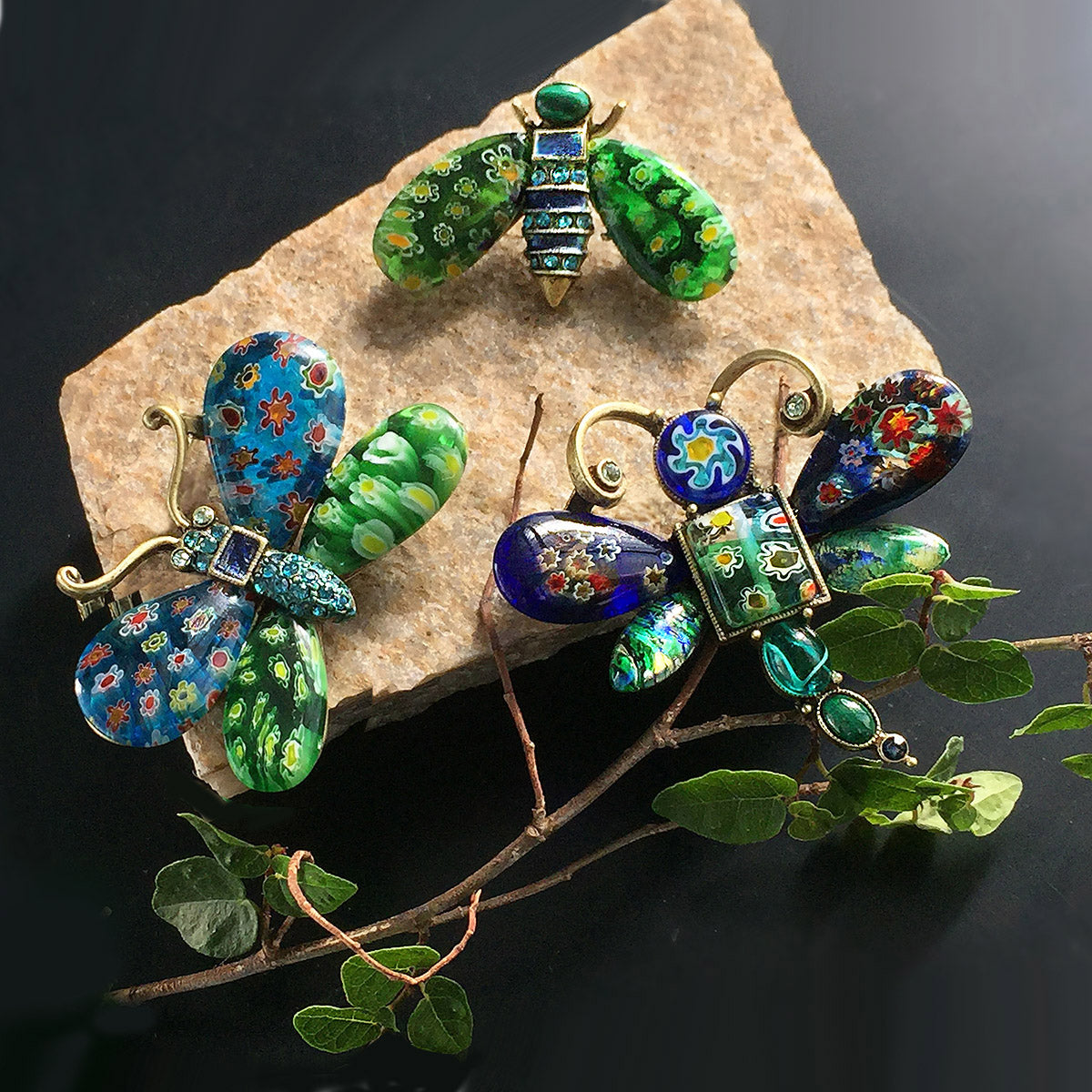 Millefiori Glass Insect Pins Set of 3 Blue Green