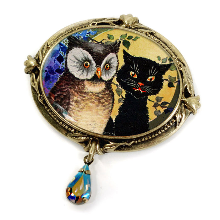 Owl and Black Cat Halloween Pin