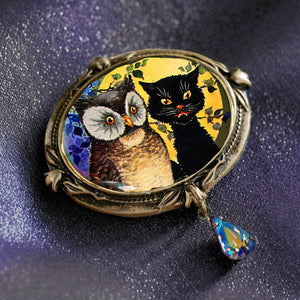 Owl and Black Cat Halloween Pin
