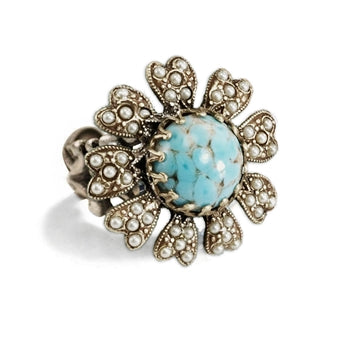 Turquoise & Pearl Flower Ring