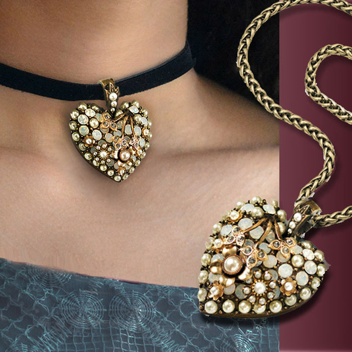Crystal Heart Necklace or Choker, Victorian Revival MCM  N1499