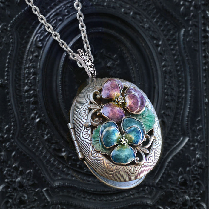 Enamel Pansy Silver Locket